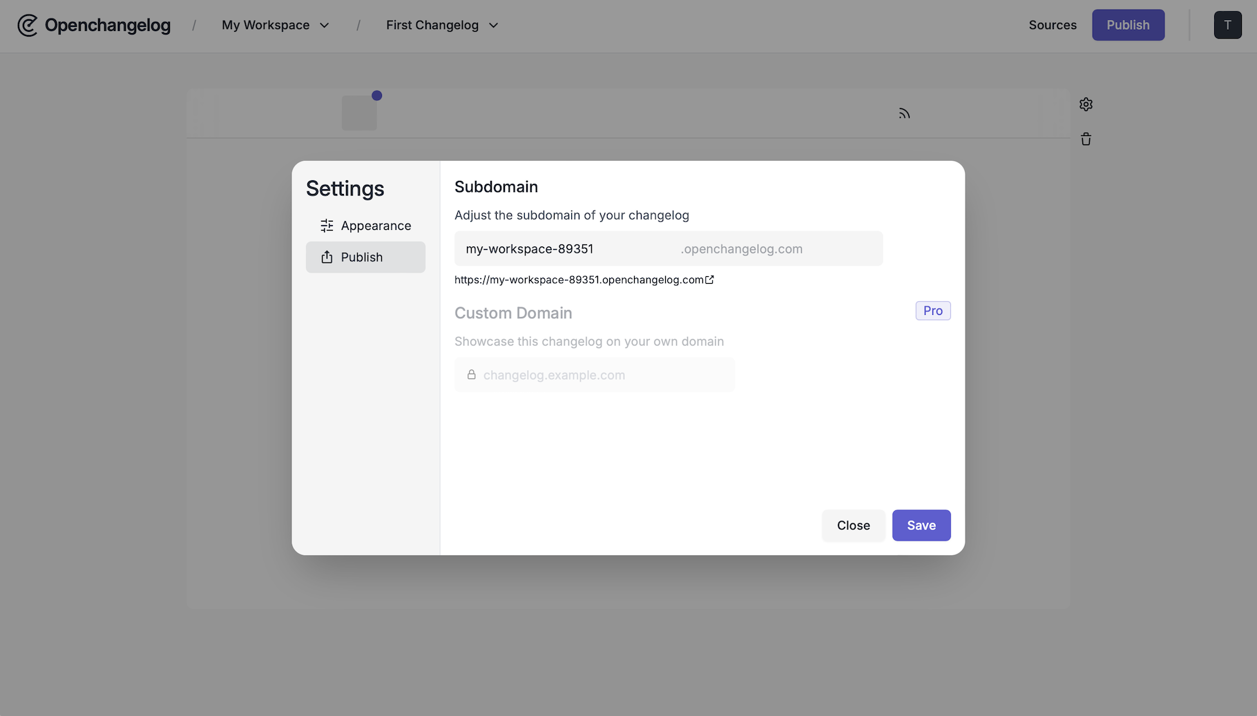 publish changelog form with a subdomain and custom domain input