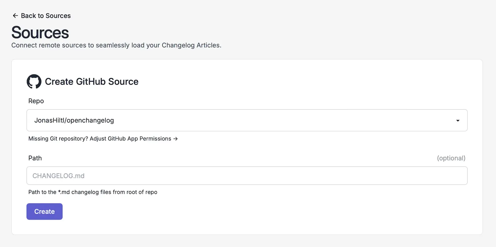 form to select github repo and specify path to CHANGELOG.md