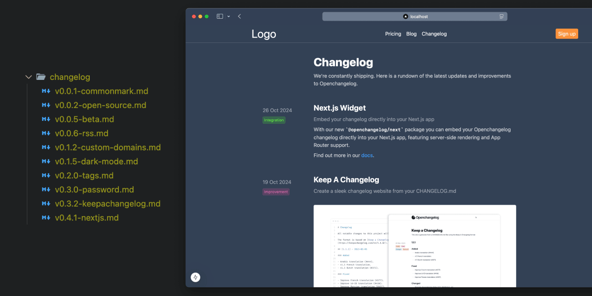 Multiple changelog files in a folder and their rendered next.js changelog website