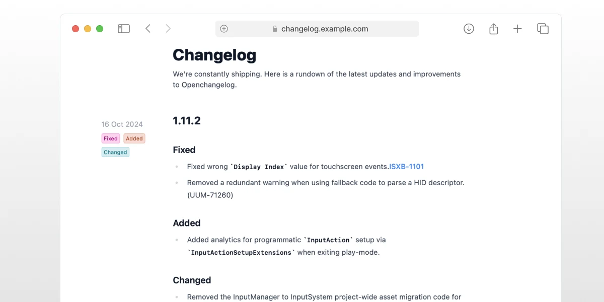 a website screenshot showing a changelog with a release note for version 1.11.2